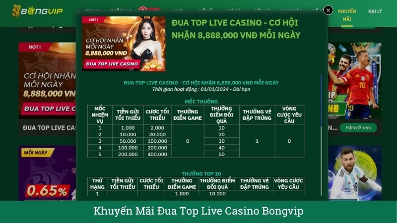 Khuyến Mãi Đua Top Live Casino Bongvip – Rinh Tiền Thưởng Lên Đến 8.888.000 VNĐ Mỗi Ngày